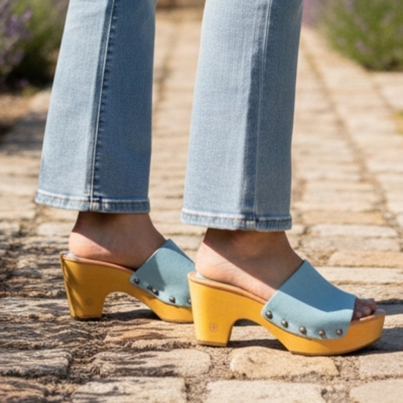 dingo Shoes - Dingo Light Blue Suede Mules with Wooden Heel